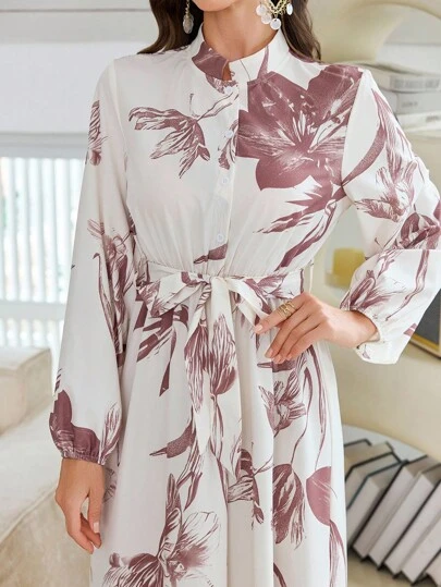 Modelyn 女式花卉印花立领灯笼袖荷叶边下摆超长阿拉伯风格长款端庄优雅连衣裙，端庄优雅风格，适合日常休闲/旅行/度假/聚会