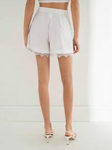 Maija Women's Solid Color Contrast Lace Pleated Casual Shorts - White - View 2