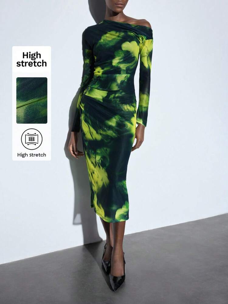 SHEIN Maija Women Elegant Tie-Dye Asymmetric Neckline Fitted Long Dress,Festival
