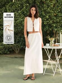 Maija Women 2pcs Set Sleeveless Solid Color Vest & Skirt - Apricot - View 1