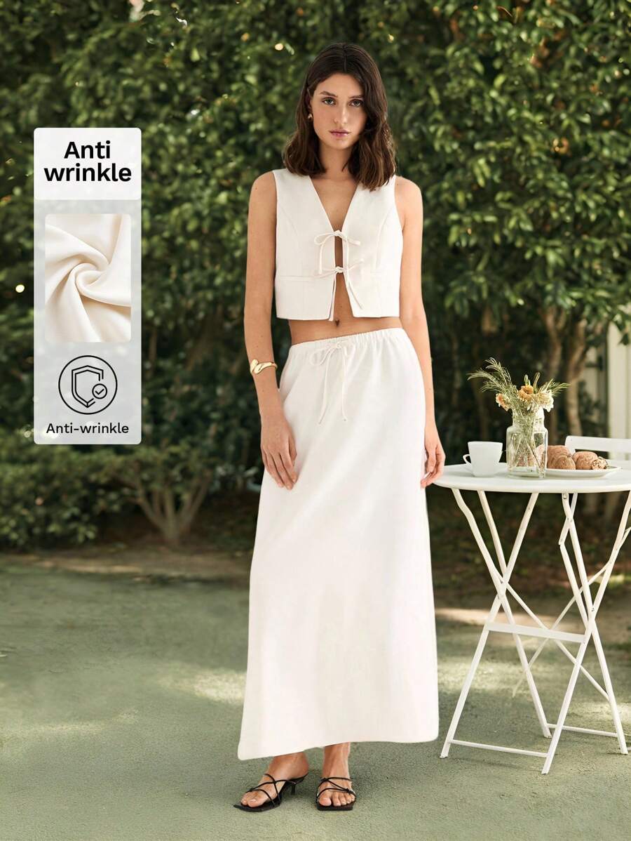 Maija Women 2pcs Set Sleeveless Solid Color Vest & Skirt - Apricot - View 1