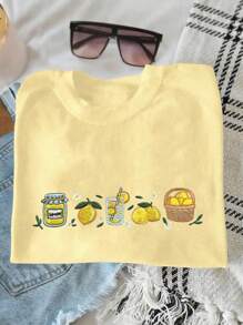 INAWLY 刺绣柠檬印花夏季 T 恤，美食爱好者礼品衬衫，送给她的可爱礼物，时尚女士水果衬衫，女士刺绣夏季氛围 T 恤 - 黃色 - 查看 3