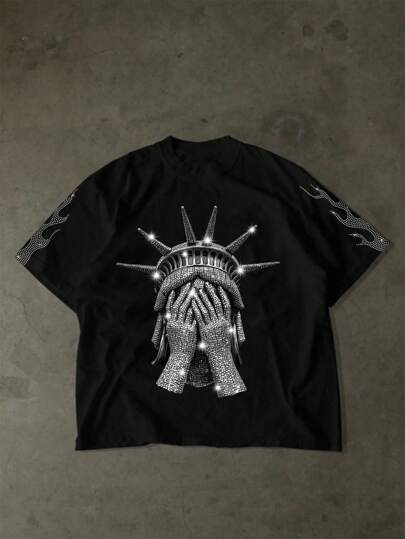 SHEIN Bolty Statue Of Liberty, Boy's Graphic, Black Graphic Tee, Urban Fashion Short Sleeve Crew Neck T-Shirt, Imitation Diamond, Street Style, Teen Boy Casual Minimalist Summer Graphic Tees Black Statue Of Liberty Shirt Rhinestone Graphic Tee Black Graphic Tee Shirt Flame Sleeve Graphic Tee
