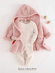 Cozy Pixies Baby Girl Thickened Knitted Strawberry Pattern Hooded Long Sleeve Tie-Waist Robe Fall Winter - Pink - View 3
