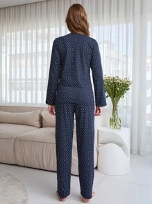 EURMUSE 100% Cotton 2Pcs  V Neck Polka Dot&Slogan Printed Homewear Pj Set - Navy Blue - View 2