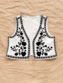 Soleia Women's Spring/Summer Open Front Embroidered Casual Top Jacket, Party, Boho Top Floral Top Embroidered Top Summer Top Boho Summer Tops - Black and White - View 3
