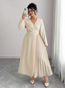 Elenzga 大码女式优雅交叉 V 领腰部褶皱下摆拼接褶皱松紧腰长袖长裙，适合办公室、通勤、法式浪漫下午茶派对