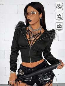 Coolane 女士冬季/四季节日嬉皮街头风休闲Y2K Grunge铆钉毛领拉链连帽卫衣黑色锐舞 - 黑色 - 查看 6