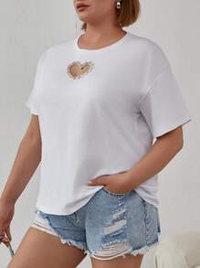 EURMUSE Plus Cottnline Rhinestone Heart Cutout T-Shirt - White - View 5