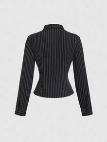 Sweetra Fashionable Contrast Color Textured Button Fitted Waist Flattering Striped Collar Long Sleeve Blouse For Women Fall Cloth For Women - Black - View 3
