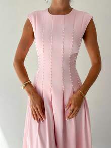 Firerie 女士优雅精致浪漫日常度假约会派对珍珠腰褶皱A字中长连衣裙，带短袖，粉色 - 粉色 - 查看 7
