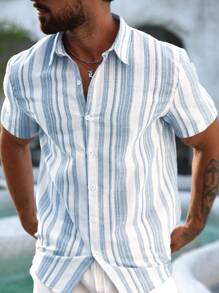 Manfinity RSRT 男士休闲拼色条纹短袖衬衫，夏季