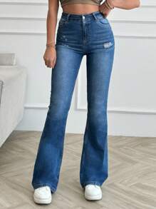 EURMUSE 98% CottonHIGH RISE FLARE FIT DESTROYED WOMEN JEAN - Medium Wash - View 6