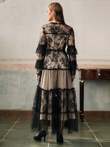 Anewsta 秋冬女士圆领蕾丝荷叶边拼接束腰喇叭下摆连衣裙 - 黑色 - 查看 2