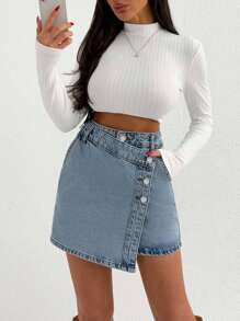 EURMUSE WOMEN MINI SKIRT MEDIUM WASH BUTTON DETAIL - Light Wash - View 6