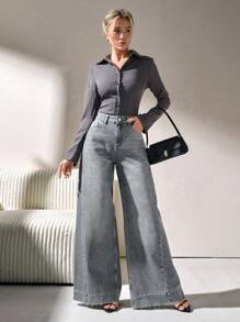 CLARA VERO 高腰阔腿裤 JAN 休闲风格 - 中等水洗藍 - 查看 7