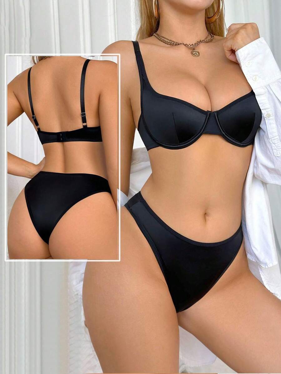 SHEIN Set de 2 sujetadores de unicolor simple con aros - Negro - Ver 1