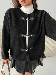 SHEIN EZwear Plus Size Solid Color Minimalist Casual Long Sleeve Jacket In Fall/Winter - Black - View 2