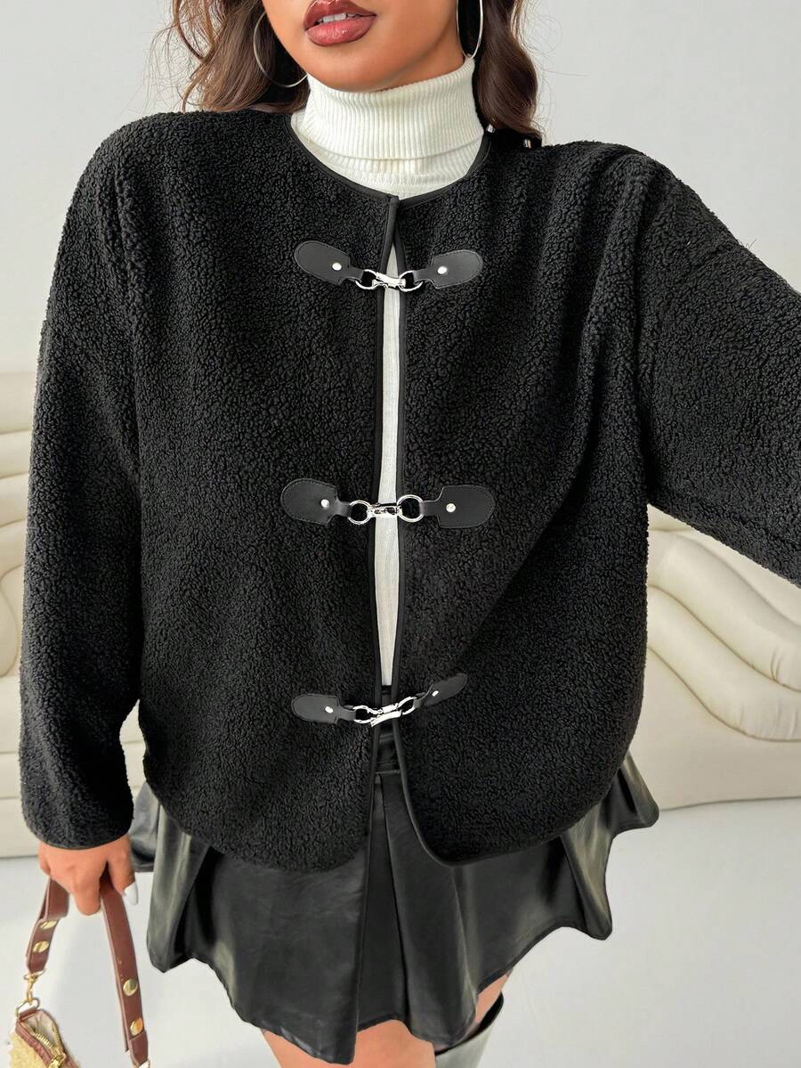 SHEIN EZwear Plus Size Solid Color Minimalist Casual Long Sleeve Jacket In Fall/Winter