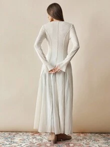 Franclia 女式纯色圆领喇叭袖优雅连衣裙 - 杏色 - 查看 2