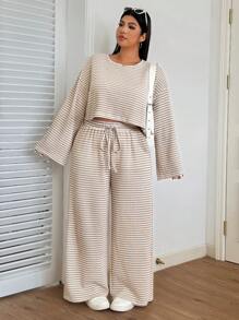 CovetEZ 大码女式条纹圆领长袖T恤和阔腿宽松休闲两件套，初秋，秋季女士休闲两件套两件套休闲套装 - 彩色 - 查看 5