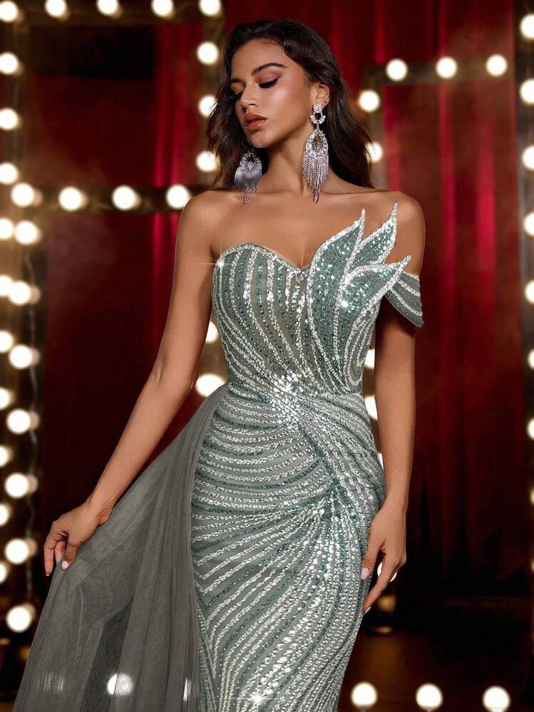 Glamrae Vestido de Cauda de Sereia Elegante e Luxuoso com Contas e Lantejoulas em Tule, com Babado Lateral, Adequado para Casamento, Festa, Baile de Formatura, Banquete (Muito Ornamentado) - Cinza - Visão 1