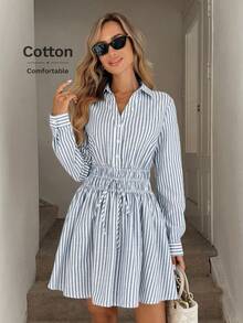 Easowa 领扣半开腰褶裥抽绳蝴蝶结A字长袖衬衫裙，休闲宽松通勤复古风女装