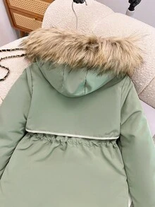 1 Stück Mädchen Farbblock Gepolsterte Jacke, Fleece Futter, Kapuze, Kunstfell Kragen, Reißverschluss, Taille, große Taschen, Winter