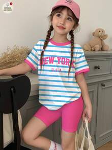 SHEIN 2pcs/Set Young Girl Casual Blue Striped With "NEW YORK" Graphic, Contrast Pink, Back To School, Collegiate Style, Short Sleeve Top And Shorts, Cute Summer Outfit