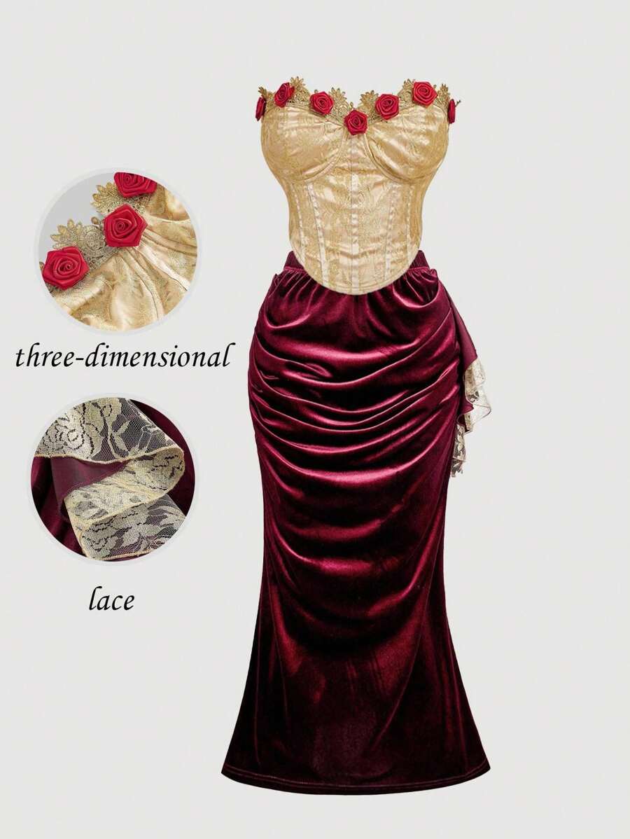 SHEIN MOD Conjunto de talla grande vintage: Corpiño de encaje dorado con contraste de flores 3D en rojo, combinado con falda midi de terciopelo borgoña con abertura, volantes y cintura alta. Romántico y elegante para bodas, graduaciones, fiestas y ocasiones formales. - Dorado - Ver 1