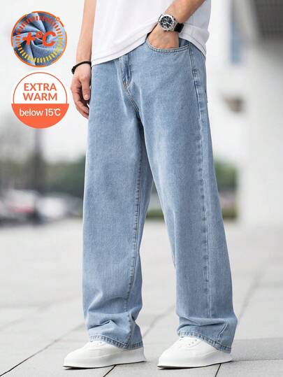 Tween Boys Fashion Casual Y2k Vintage Cool Street Returns To School College Boy Autumn And Winter Basic Blue Denim Fleece Sole Loose Jeans For Kids Clothes Tween Boys Soft Dailywear And Kids Winter And Fall Rave Outfits Festival And At Home Outfits Streetwear School Clothes Baggy Jeans Boy