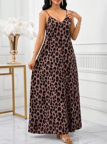SHEIN Lady Leoparden-Muster Maxi-Kleider für Damen, Boho-Stil, rückenfreie, weite Maxi-Kleider für Damen, lose, trägerlos, Geburtstags- und Eventkleidung/Urlaubsoutfits für Damen, Boho/Bohemian-Bekleidung für Damen, Trägertop, afrikanische Frauenkleidung, Sommerkleider mit tropischem Muster für Damen, Neuheiten, Strandkleider, Osterkleider/Osteroutfits für Damen