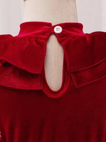 Glamorique Kids Baby Girls' Long Sleeve Dress,Mesh Patchwork Puff Ruffle Collar,Dark Red Autumn Elegant Birthday Christmas Dress Fall Winter,Cute And Sweet - Red - View 3