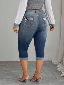 Elenzga Plus Size Women's Fashion Casual Embroidered Cuffed Pants - Dusty Blue - View 1