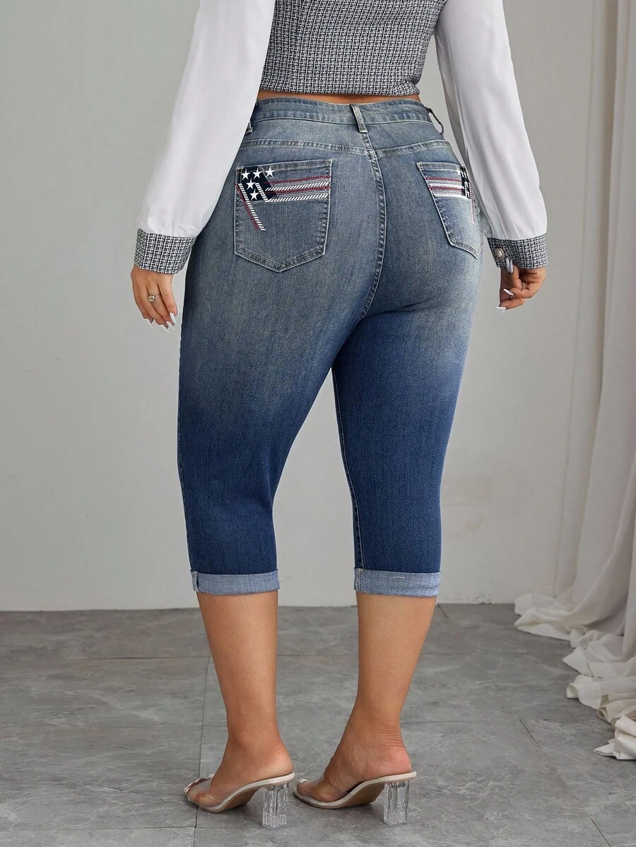Elenzga Plus Size Women's Fashion Casual Embroidered Cuffed Pants - Dusty Blue - View 1