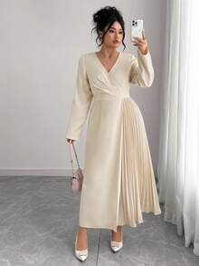 Elenzga 大码女式优雅交叉 V 领腰部褶皱下摆拼接褶皱松紧腰长袖长裙，适合办公室、通勤、法式浪漫下午茶派对