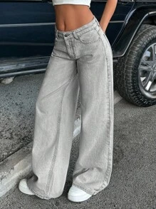 EURMUSE SOLID COLOR WIDE LEG LOW WAIST JEANS - Medium Wash - View 3