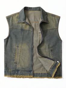 Chillumni Men's Casual Washed Distressed Sleeveless Denim Jacket Minimalist Vintage Washed Blue OVERSIZE For Street - Bronze - View 1