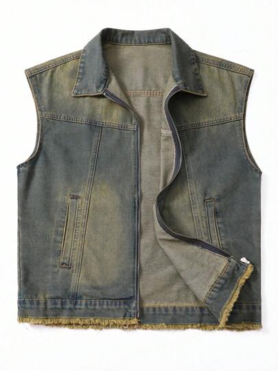 Chillumni Men's Casual Washed Distressed Sleeveless Denim Jacket Minimalist Vintage Washed Blue OVERSIZE For Street