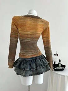 Elamini 女士休闲圆领长袖毛衣，秋冬针织套头衫 - 棕色 - 查看 2