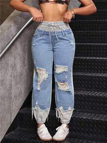 SHEIN EZwear Plus Size Casual Distressed Color Block Patchwork Ripped Denim Jeans - Blue - View 2