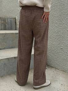 DAZY 秋季格纹面料松紧腰棕色街头潮流男士长裤，适合秋季