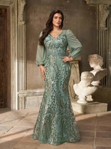 Aureia Đầm dạ hội cỡ lớn dành cho mùa thu đông, thanh lịch, lộng lẫy, màu xanh lá cây, thêu sequin, cổ chữ V, đính cườm, tay phồng, dáng ôm, đuôi cá, thích hợp cho bữa tối, tiệc độc thân, hẹn hò, khiêu vũ, lễ hội, đám cưới, sự kiện (kiểu dáng cầu kỳ), ngày Valentine. - màu xanh lá - Xem 5