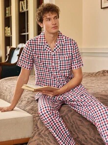 英伦绅士复古男士格子短袖单排扣上衣和裤子睡衣套装 - 彩色 - 查看 2