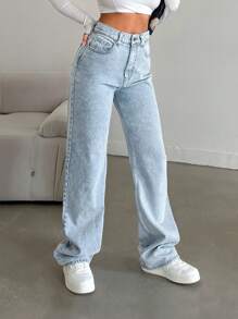 EURMUSE Snow Wash Straight Leg Jeans High Rise - Light Wash - View 3