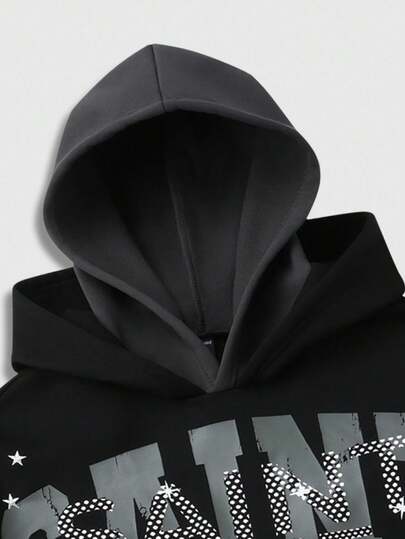 Street Life Sudadera con capucha casual de ajuste holgado con estampado de letras de doble capa para hombre
