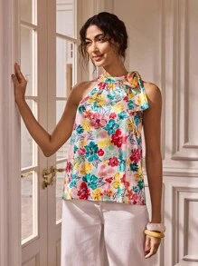 Glamance Yin Creative Studio Women's Elegant Floral Print Halter Neck Blouse, Summer Off The Shoulder Country Outfits Women Casual - Multicolor - View 2