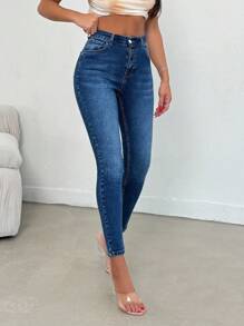 EURMUSE Petite 97% Algodón Lavado Alto con Detalles de Jacrón Jeans Skinny, Mujeres Petite - Azul lavado medio - Ver 8