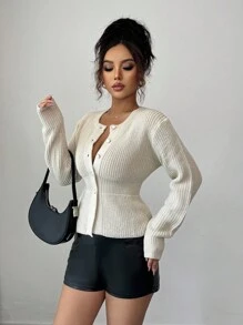 Elenzga 女士优雅腰部收腰针织开衫，秋冬 - 杏色 - 查看 5