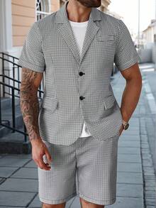 Manfinity Homme Bộ vest nam tay ngắn kẻ caro và quần short cỡ lớn - Đen và trắng - Xem 4